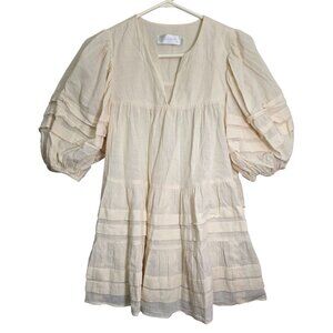 Zimmermann Cream Blouse Tiered Pleats 3/4 Puff Sleeves Solid Shirt 0  US 4